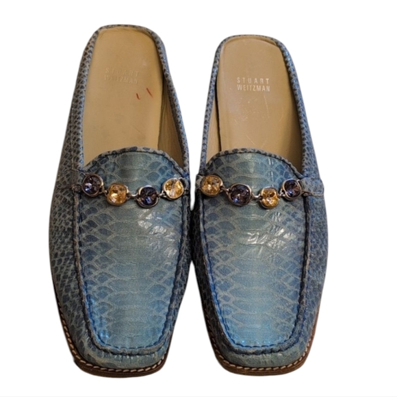 Stuart Weitzman Jeweled Blue Snakeskin Mules Open Back...